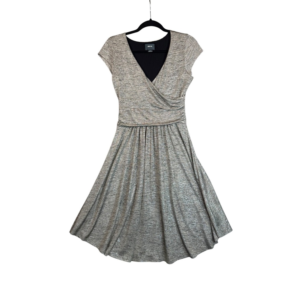 Maeve Anthropologieβ Silver Metallic Surplice V-Neck Fit Flare Cocktail Dress S